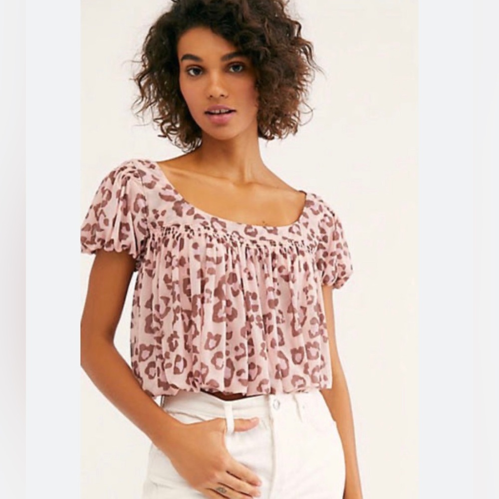 Free People Animal Print Mesh Bubble Crop Top L